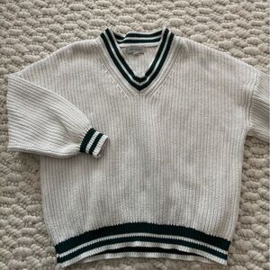 Preppy White V-Neck Sweater with Green Stripes